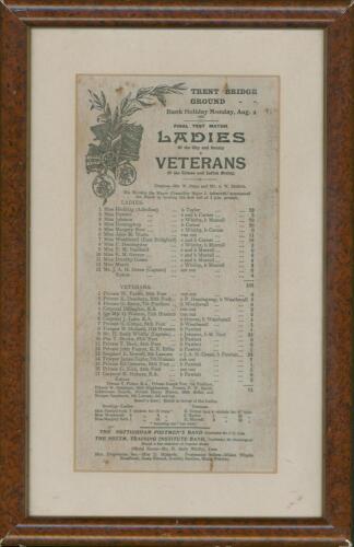 Nottinghamshire C.C.C. 1909. ‘Trent Bridge Ground. Final Test Match. Ladies of the City and County v Veterans of the Crimea and Indian Mutiny’. Unusual and rare early silk commemorative scorecard for the fundraising match played at Trent Bridge, 2nd Augus