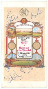 ‘Bicentenary Match M.C.C. v Rest of the World’. Official souvenir scorecard produced for the match played at Lord’s, 20th-25th August 1987. The card with decorative colour front signed in by six cricketers including Vengsarkar and Kapil Dev of India, Chri