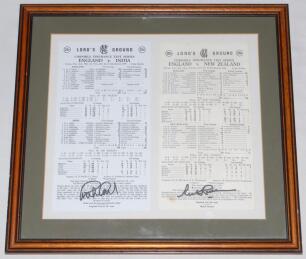 Signed England Lord’s Test scorecards. Two scorecards, one for England v India 1990 in which Graham Gooch scored 333 and 123, the other for England v New Zealand 1986, Richard Hadlee taking 6/80 in the first innings, seven in the match. Both scorecards bo