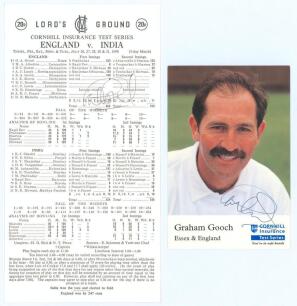 Graham Gooch record 333 & 123. England v India. Lord’s 1990. Official scorecard with complete printed scores for the Lord’s Test match 26th- 31st July 1990 in which Gooch scored 333 and 123. Signed by Gooch. Sold with an official T.C.C.B. commemorative co