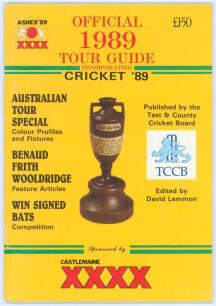 Australia tour to England 1989. Official T.C.C.B. tour guide signed in ink to the pen pictures by all seventeen members of the Australian touring party. Signatures are Border (Captain), Marsh, Alderman, Boon, Campbell, Healy, Hohns, Hughes, Jones, Lawson,