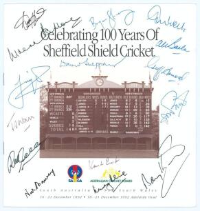 Australia. ‘Celebrating 100 Years of Sheffield Shield Cricket’. South Australian Cricket Association programme for the match against New South Wales at the Adelaide Oval, 18th- 21st December 1992. Signed to front cover by fifteen International Test player