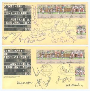 ‘Centenary of Test Cricket. Australia/ England 1877-1977’. Two copies of the commemorative ‘Australia Post Cover’ issued at the Melbourne Cricket Ground 9th March 1977 for the Centenary Test in Australia. One signed to the front and verso by thirty, the o