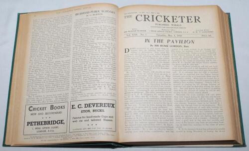 ‘The Cricketer’ magazine 1940-1945. Run of six bound wartime volumes of the magazine, Volumes XXI (1940) to XXVI (1945). All bound in official publisher’s green cloth, red speckled page edges, lacking original wrappers, with the exception of Vol. XXII (19