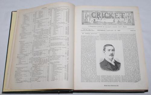 ‘Cricket: A Weekly Record of the Game’. Volume VI nos. 140-169 (27th January to 29th December 1887). Illustrated. Bound in original publisher’s green cloth, gilt title to front and spine, red speckled page edges. Complete with title and contents pages to 