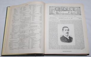 ‘Cricket: A Weekly Record of the Game’. Volume VI nos. 140-169 (27th January to 29th December 1887). Illustrated. Bound in original publisher’s green cloth, gilt title to front and spine, red speckled page edges. Complete with title and contents pages to 