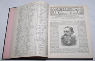 ‘Cricket: A Weekly Record of the Game’. Volume IX nos. 230-259 (27th January to 27th December 1890). Illustrated. Bound in original publisher’s green cloth, gilt title to front and spine. Complete with title and contents pages to front. Lacking the eleven