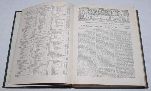 ‘Cricket: A Weekly Record of the Game’. Volume X nos. 260-289 (27th January to 31st December 1891). Illustrated. Bound in original publisher’s green cloth, gilt title to front and spine. Complete with title and contents pages to front. Lacking the five sc