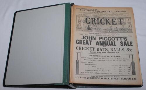 ‘Cricket: A Weekly Record of the Game’. Volume XX nos. 560-589 (31st January to 19th December 1901). Illustrated. Complete run of issues loosely inserted in later green binder. Lacking the poster supplement for 11th April. Title and contents pages include