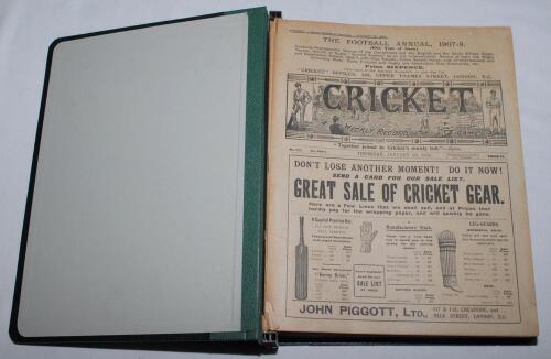 ‘Cricket: A Weekly Record of the Game’. Volume XXVII nos. 770-799 (30th January to 24th December 1908). Illustrated. Complete run of issues loosely inserted in later green binder. Lacking the Cricket Fixtures supplement for 9th April. Title and contents p