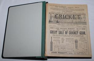 ‘Cricket: A Weekly Record of the Game’. Volume XXVII nos. 770-799 (30th January to 24th December 1908). Illustrated. Complete run of issues loosely inserted in later green binder. Lacking the Cricket Fixtures supplement for 9th April. Title and contents p