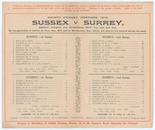 Sussex v Surrey 1913. Official double sided scorecard for the match played at Hastings, 1st- 3rd September 1913. The scorecard with complete printed scores shows Sussex scoring 170 and 141 (Fender 38 & 12), Surrey 195 and 95, Sussex winning by 21 runs, ‘R