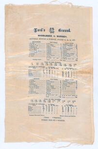 Middlesex v. Surrey 1927. Original commemorative silk scorecard for the match played at Lord’s 27th- 30th August 1927. Middlesex (54 & 322/9 dec., J.W. Hearne 167no) lost to Surrey (149 & 229/5) by five wickets. In Middlesex’s first innings Surrey’s Percy