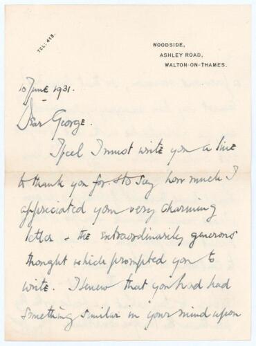 Douglas Robert Jardine. Oxford University, Surrey & England 1920-1934. Two page handwritten letter in ink from Jardine to Percy Fender, dated 10th June 1931. Addressed to ‘Dear George’, Jardine is replying to Fender’s ‘very charming letter & the extraordi