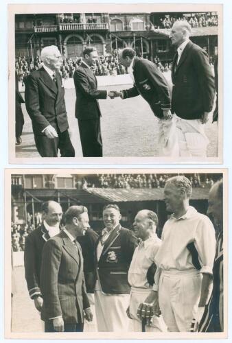 Old England v Surrey. The Oval 1946. Two original mono press photographs of members of the Old England team being presented to King George VI for the match v Surrey at The Oval, 23rd May 1946. One depicts the Old England XI captain, Percy Fender, shaking 