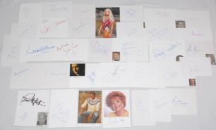 Actors, comedians, politicians, musicians autographs. Sixty four plain white cards, promotional cards etc., each signed individually to the cards. Signatures include Ian Sharrock, Barbara Knox, Dulcie Gray, Michael Denison, Kate O’Mara, Charlton Heston, P