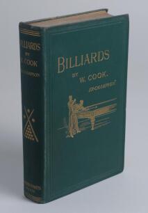 ‘Billiards’. By William Cook. Ex-Champion. Published by Burroughes & Watts, London 1884. Excellent decorative original boards. Minor wear to boards, lacking front end paper, some occasional light foxing internally otherwise in good to very good condition 