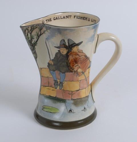 Fishing jug. Royal Doulton ‘Gallant Fishers’ Tudor shape jug. The jug features two sleeping fisherman sitting on a wall with the quote ‘The Gallant Fisher’s Life It Is The Best Of Any’ on the inside rim. 7” tall. Royal Doulton ‘Gallant Fishers’ backstamp 