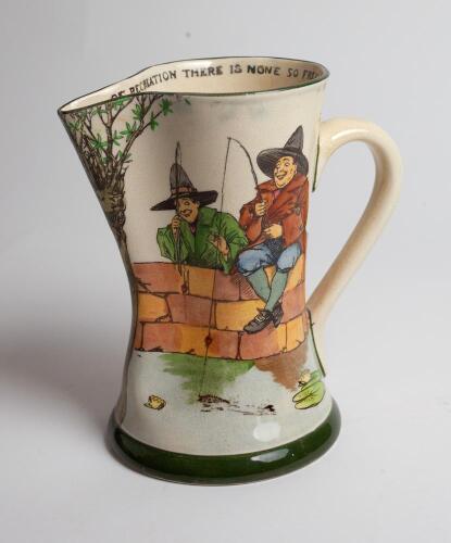 Fishing jug. Royal Doulton ‘Gallant Fishers’ Tudor shape jug. The jug features two fisherman sitting on a wall smiling as they have caught a fish, with the quote ‘Of Recreation there is none so free as fishing is alone’ on the inside rim. 8” tall. Royal D