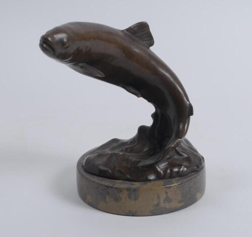 Leaping Salmon. An attractive leaping salmon in bronze mounted on circular marble plinth, signed &lsquo;Andre&rsquo; to back. Approximately 8&rdquo; tall. Good condition