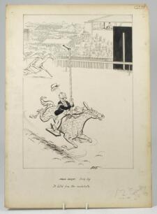 ‘London Laughs. Derby Day. It bolted from the roundabouts’. Excellent and original pen and ink drawing artwork by artist Joseph Lee, showing the finishing line at the Derby at Epsom. A fairground horse appears to be winning the race much to the consternat