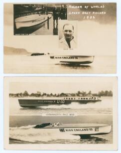 Kaye Don. World Speedboat record 1932. Sepia real photograph postcard featuring a montage of Don and two of the boat, ‘Miss England III’, on which he set the world water speed record on Loch Lomond with a speed of 119.81 mph. The postcard titled ‘Holder o