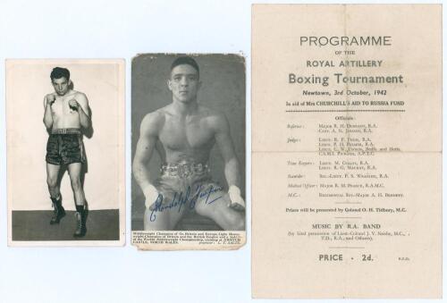 Boxing postcards 1950s. Mono real photograph postcard of Howard Winstone full length in boxing pose, Commonwealth Games gold medal winner for Wales in 1958 at Bantamweight. Signed to the verso by Winstone. A mono postcard of Randolph Turpin, World Middlew