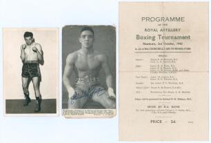 Boxing postcards 1950s. Mono real photograph postcard of Howard Winstone full length in boxing pose, Commonwealth Games gold medal winner for Wales in 1958 at Bantamweight. Signed to the verso by Winstone. A mono postcard of Randolph Turpin, World Middlew