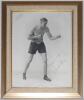 Jack Petersen. British and Empire (Commonwealth) Heavyweight Champion 1930s. Large original mono studio photograph of Peterson in boxing pose wearing his Lonsdale Belt. Nicely and boldly signed in gold ink by Peterson. Photographer’s signature in pencil t