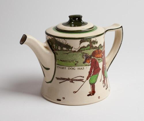 Royal Doulton &lsquo;Golfing series&rsquo; teapot with lid, the body decorated with a continuous scene of cavalier figures (Crombie) of golfers and caddie playing golf with proverb inscription &lsquo;Every dog has his day and every man his hour&rsquo;, decorated with green line 