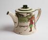 Royal Doulton &lsquo;Golfing series&rsquo; teapot with lid, the body decorated with a continuous scene of cavalier figures (Crombie) of golfers and caddie playing golf with proverb inscription &lsquo;Every dog has his day and every man his hour&rsquo;, decorated with green line 