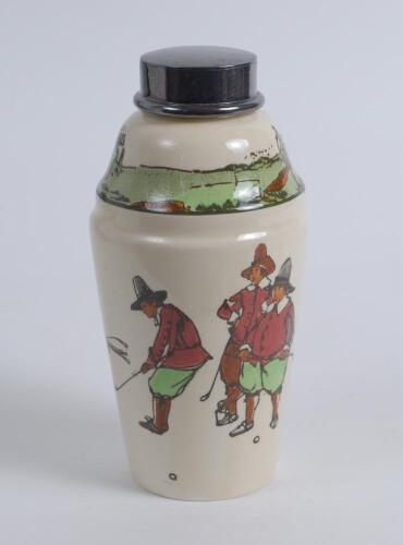 Royal Doulton ‘Golfing series’ water cooler bottle with metal stopper, the body decorated with a continuous scene of cavalier figures (Crombie) of golfers playing golf with top border scene of golf course border. Approximately 7.75” tall. With Royal Doult