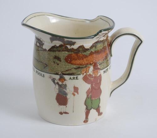 Royal Doulton &lsquo;Golfing series&rsquo; jug, the body decorated with a continuous scene of cavalier figures (Crombie) of golfers playing golf with top border scene of golf course border with proverb inscription &lsquo;All fools are not knaves but all knaves are fools&rsquo;, 