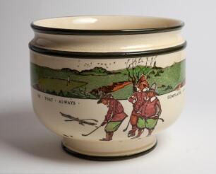 Royal Doulton ‘Golfing series’ large footed bowl, the body decorated with a continuous scene of cavalier figures (Crombie) of golfers playing golf with top border scene of golf course border with proverb inscription ‘Promise little and do much’ and ‘He th