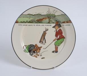 Royal Doulton ‘Golfing series’ large dinner plate, decorated to face in colour with cavalier figures (Charles Crombie) playing golf with proverb inscription ‘Give losers leave to speak and winners to laugh’. Colour golf course border to top border of plat