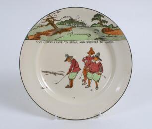 Royal Doulton ‘Golfing series’ plate, decorated to face in colour with cavalier figures (Charles Crombie) playing golf with proverb inscription ‘Give losers leave to speak and winners to laugh’. Colour golf course border to top border of plate. 9.5” diame