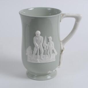 Copeland Spode ‘Fortuna’ golf jug in light blue with golf scene in white to sides and caddie to verso. Copeland Spode mark to base. 7” tall. circa 1950?. Very good condition