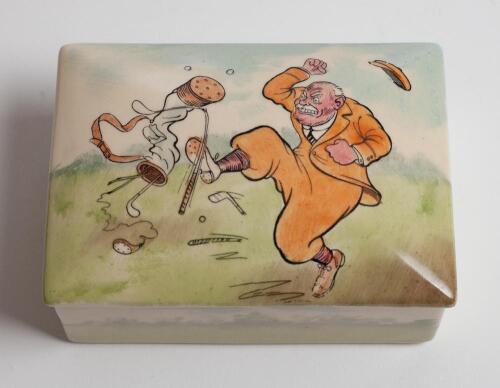 Royal Doulton lidded cigarette box with illustration by artist H.M. Bateman showing an irate golfer throwing his club and kicking his bag to lid. 4.75” x 3.5” circa 1937. Doulton mark and number D5813 to base. Very good condition