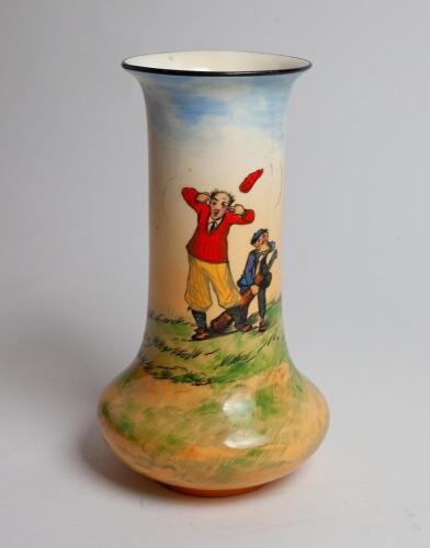 Crown Ducal golf vase. Tall vase with scene of an irate golfer with fingers in his ears having lost his cap and caddie laughing behind him. 9” tall. Crown Ducal stamp to base. Circa 1930’s. Good/very good condition