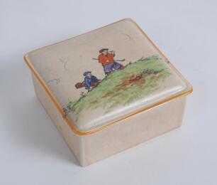 Crown Ducal lidded cigarette/trinket box with image of a golfer and caddie walking up a slope. 4”x4”. Crown Ducal stamp to base. Circa 1930’s. Good/very good condition