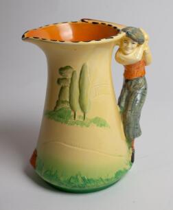 Burleigh Ware ‘Golfer’ jug of tapering shape with handle moulded as a golfer playing a shot, the jug with a golf course painted in colours against a bright yellow ground, 7.75”, circa 1930s, printed bee hive factory mark and number 5416 to base. Good/very