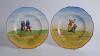 Crown Ducal. Two golf dinner plates with humorous images of a golfer and caddie, one with the golfer has broken his club and the other having lost his hat. 10.5” diameter . Crown Ducal stamp to base. Circa 1930’s. Good/very good condition