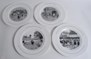 Wedgwood. Four golf dinner plates with humorous golfing cartoon images by ‘JAK’ to centre with cartoon wording above and date of cartoon publication and in which newspaper published to lower border. Wedgwood marks to base. 10.5” diameter. Good/very good 