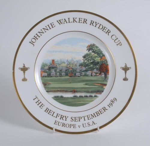 Wedgwood &lsquo;Johnnie Walker Ryder Cup, The Belfry 1989 Europe v USA&rsquo; china plate signed to the back by Raymond Floyd, Bernard Gallacher and Tony Jacklin. Limited edition of 1000 plates produced. Good/very good condition