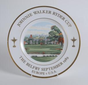 Wedgwood ‘Johnnie Walker Ryder Cup, The Belfry 1989 Europe v USA’ china plate signed to the back by Raymond Floyd, Bernard Gallacher and Tony Jacklin. Limited edition of 1000 plates produced. Good/very good condition