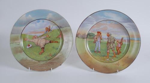 ‘Golf Language’ and ‘Carry your caddie Sir’. Two colour plates from the same series, decorated to face in colour with a humorous golfing scene with inscription below. Grimwade’s of Stoke on Trent. 10” diameter. Grimwade’s marks to base. Chip to rim on ea