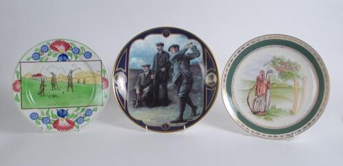 Golf plates Three golf themed plates. ‘The Triumvirate’ Braid, Taylor and Vardon. 1995. Limited edition no 138, Rabbits playing Golf’. Smith Patterson Company, Boston. RN 449173 and ‘Golfbag on the course’ Crown Ducal. Sold with two ceramic table mats dec