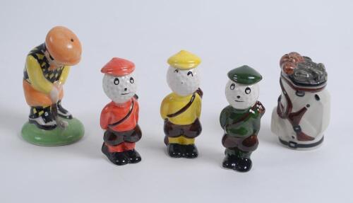 Carlton ware golf figures. Three small figures with golf ball faces c1960’s? in red, yellow and green. Sold with a golfing salt and pepper set, a golfer salt pot and a golf bag pepper pot. Maker ‘cc HP’. All around 3.5” tall. VG