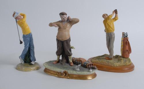 Golf ceramic figures. Three golf figures, two driving, one entitles ‘Teeing Off’ Royal Doulton 1990. HN3276. the other unmarked on wooden plinth. Plus another ceramic golf scene of a golfer puzzled by a rabbit appearing out of the hole on the green, bag l