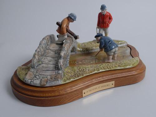 ‘In the Burn St Andrews’. Royal Doulton tableau piece of three golfers, Old Tom Morris and 2 other figures, after Francis D. Hopkins 1830-1913, hand made and hand decorated, modelled by sculptor William R. Harper, circa 1990, a limited edition number 27/7